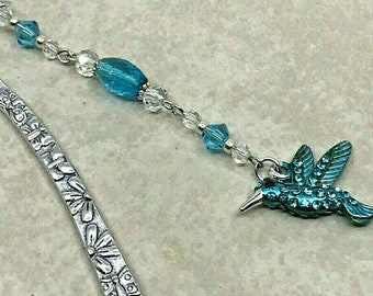 Sparkly Hummingbird Bookmark, Aqua Rhinestone Beaded Shepherd Hook Metal Bookmark, Hummingbird Charm Bookmarker, Book Hook Bookmark