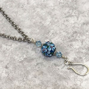Vergeet me niet Portugese breien ketting met aquamarijn kristallen, cadeau voor breier, Andes breien, Turks breien