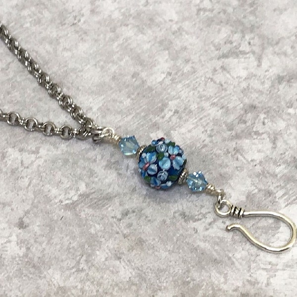 Forget Me Not Portuguese Knitting Necklace with Aquamarine Crystals, Gift for Knitter, Andean Knitting, Turkish knitting
