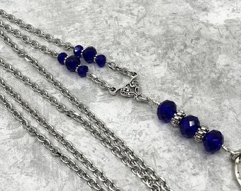 Royal Blue & Silver Chain Lanyard with Abacus Beads,  Beaded ID Badge Holder - Breakaway Optional