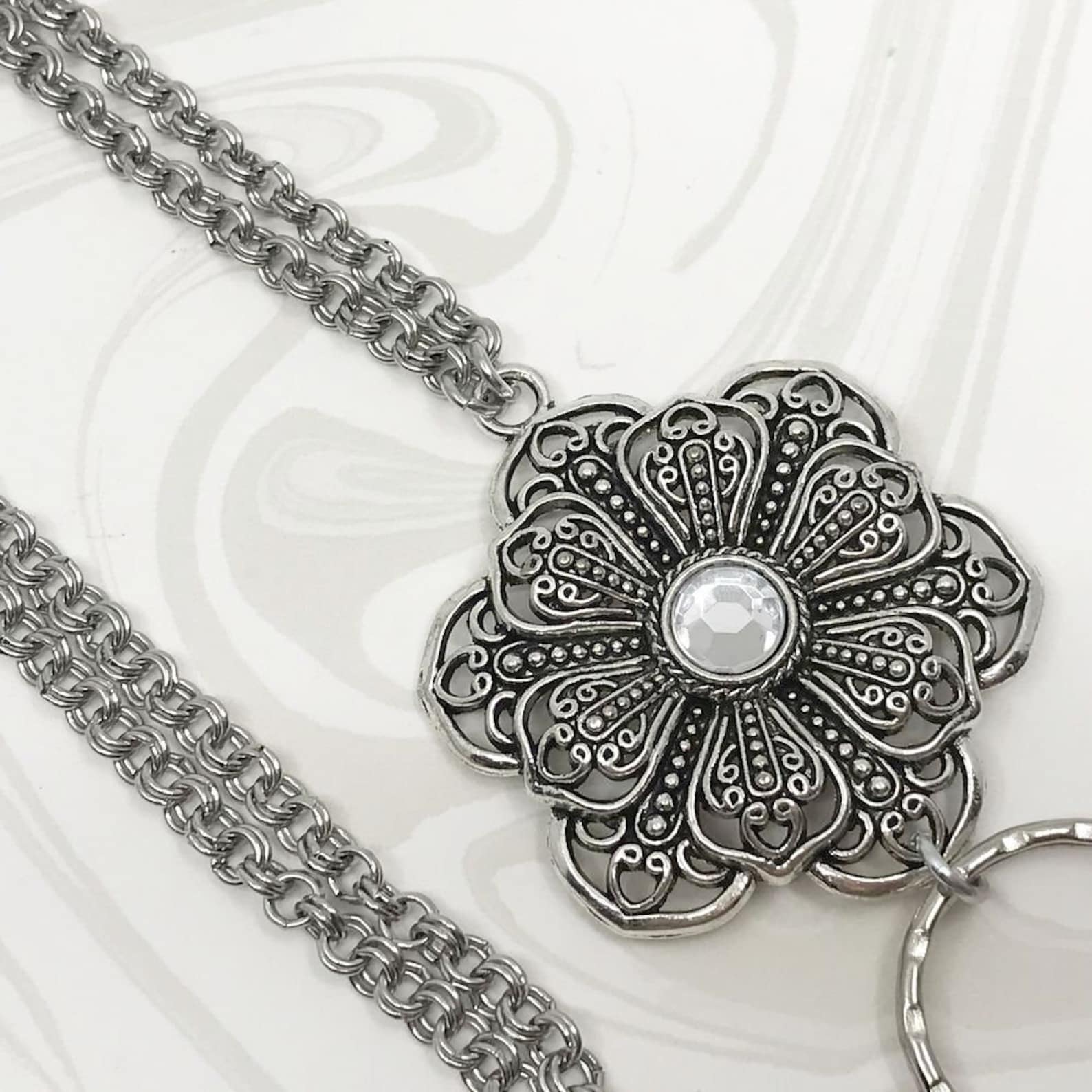 Double Bloom Flower Lanyard, Sparkly Flower Lanyard, Silver Chain ...