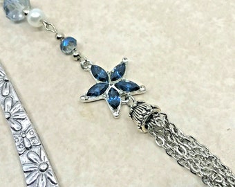 Crystal Star Flower Bookmark with Tassel, Beaded Shepherd Hook Bookmark, Blue Flower Charm Metal Bookmarker,  Book Lover Gift