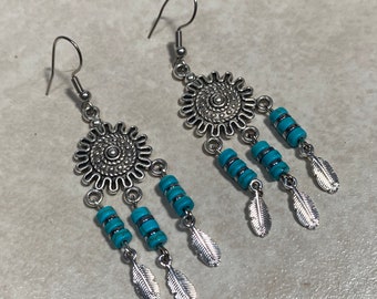 Southwest Feather Chandelier Earrings, Turquoise with Silver Feather Chandelier Earrings, Southwestern Sun Earrings, Boho Dangle Earrings