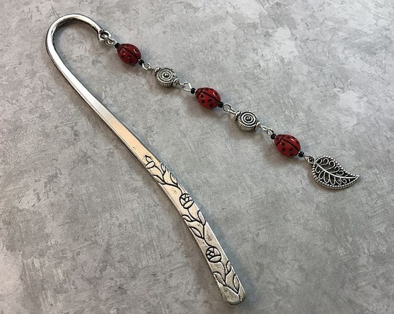 Ladybug Bookmark, Lady Bug Beaded Shepherd Hook Bookmark,  Metal Bookmark, Red Bookmarker, Book Lover Gift