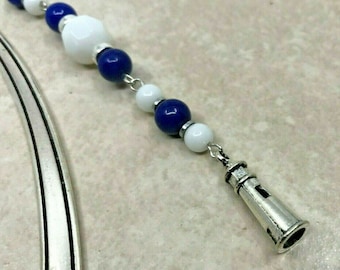 Lighthouse Bookmark, Blue White Beaded Shepherd Hook Bookmark, Book Hook Bookmark, Metal Bookmarker