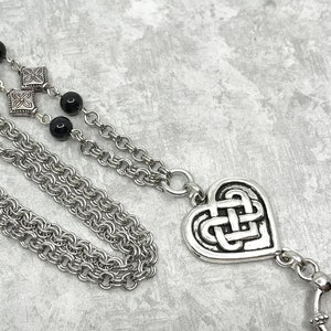 Celtic Heart Silver Chain Lanyard with  Black Swarovski™ Pearls,  Beaded Badge ID Holder, Breakaway optional