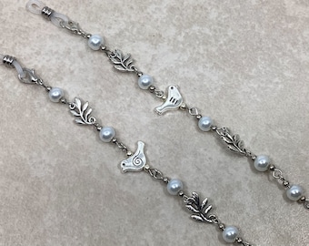 Zilveren lenzenvloeistofketting vogel, vogel met witte parels lenzenvloeistofketting, leesbrilhouder, lenzenvloeistofriem, brilketting, zonnebrilhouder