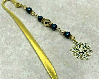 Sparkly Golden Sun Bookmark, Gold Blue Beaded Shepherd Hook Bookmark, Metal Bookmark, Book Lover Gift