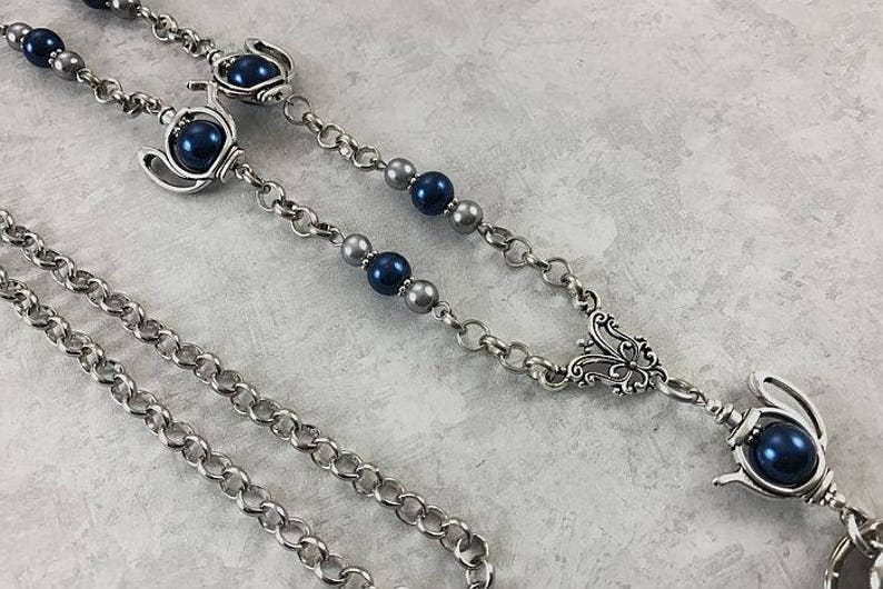 Cordon De Cou Porte-badge En Perles Tissées - Noir Et Bleu Royal - Longueur 45 Cm