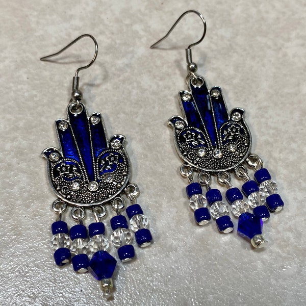 Royal Blue Hamsa Chandelier Earrings. Royal Blue Good Luck Earrings, Protection Earrings