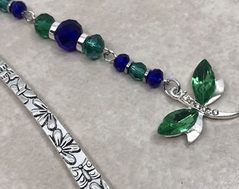 Dragonfly Bookmark, Green Crystal Beaded Shepherd Hook Bookmark, Dragonfly Charm Bookmarker, Book Hook Bookmark
