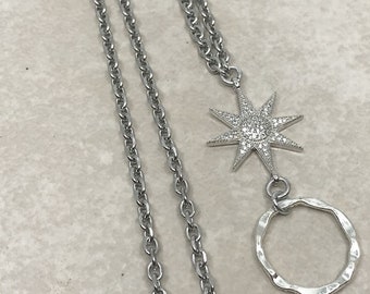 Shining Star Eyeglass Loop Necklace, Silver Glasses Chain, Reading Glasses Holder, Sunglasses Holder
