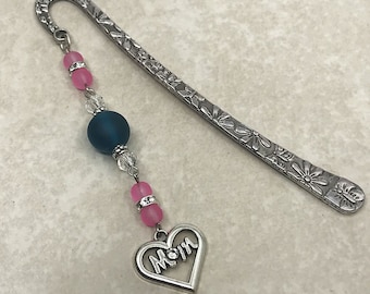 MOM  heart bookmark, Pink Teal Beaded Shepherd Hook Bookmark,  Metal Bookmark, Mother's Day Gift