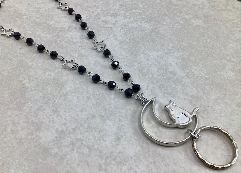 Midnight Cat Lanyard, Moon Stars Lanyard, ID Badge Holder, Beaded Badge Holder, Beaded Lanyard, Lanyard ID Holder, Breakaway Option image 2