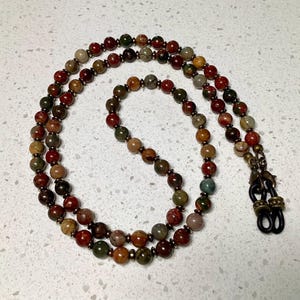 Red Creek Jasper Eyeglass Holder, Picasso Jasper Bronze Sunglasses Chain, Unisex Mens Reading Glasses Chain,