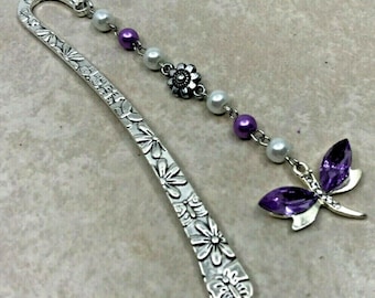 Dragonfly Bookmark, Purple Crystal Beaded Shepherd Hook Bookmark, Dragonfly Charm Bookmarker, Book Hook Bookmark