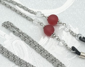 Frosted Red & Silver Eyeglass Chain,  Reading Glasses Holder, Eyeglass Necklace, Beaded Glass Chain, Sunglasses Holder, Chain for glasses
