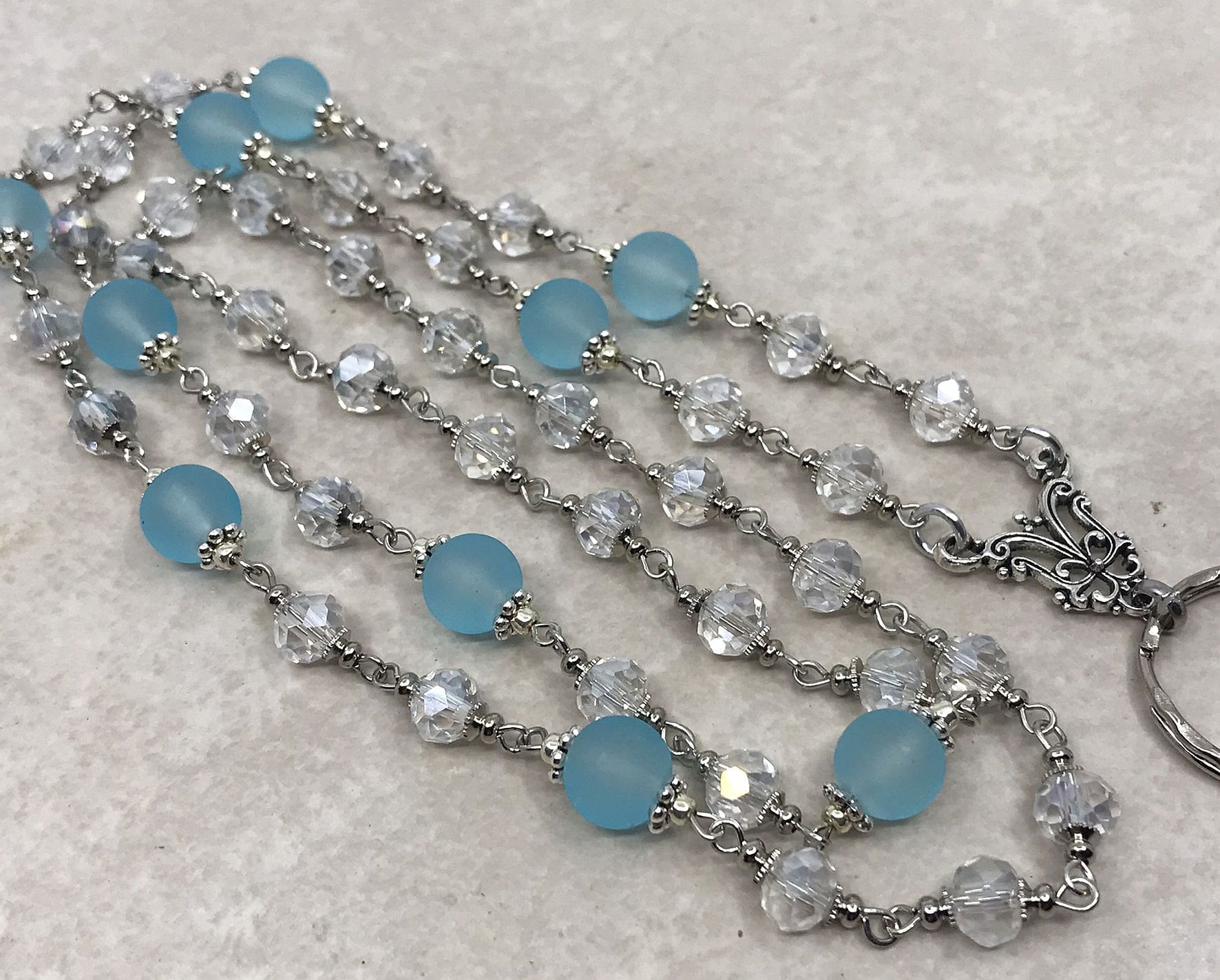Frosted Blue Lanyard, Sky Blue Beaded Lanyard with ID Holder, Badge Lanyard, Bead Lanyard - Magnetic Breakaway Optional