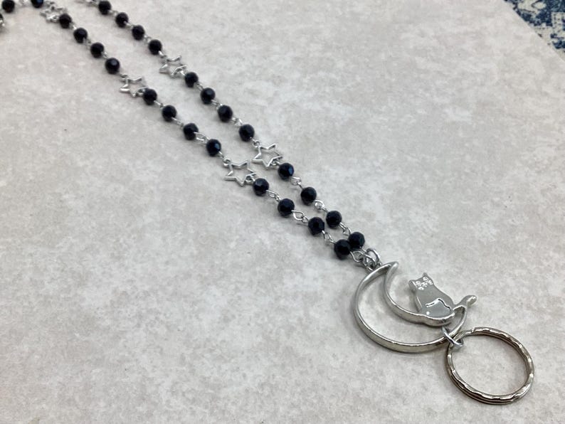Midnight Cat Lanyard, Moon Stars Lanyard, ID Badge Holder, Beaded Badge Holder, Beaded Lanyard, Lanyard ID Holder, Breakaway Option image 3