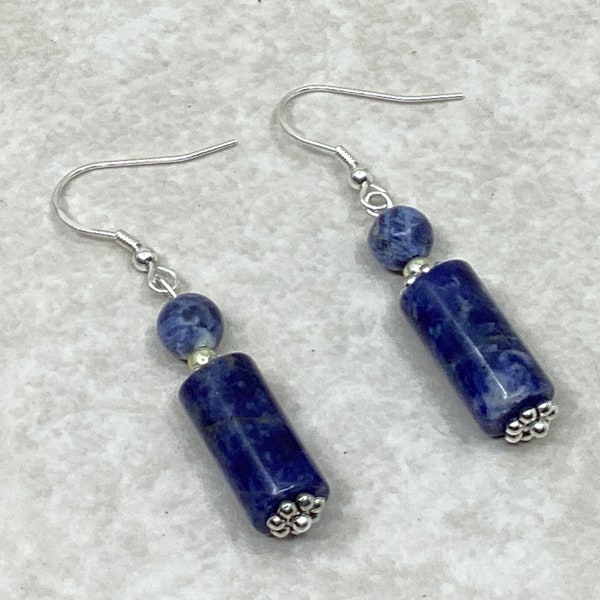 Sodalite Column Earrings, Boho Dangle Earrings, Dainty Dangles,  Blue Stone Earrings. Casual Chic