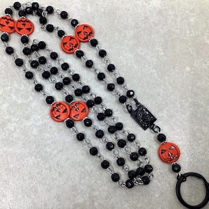 Halloween Lanyard, Pumpkin Lanyard, Jack O&#39;Lantern  Badge Holder, Beaded Badge Holder, Beaded Lanyard, Lanyard ID Holder,  Breakaway Option