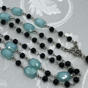 Light Turquoise Blue and Black  Lanyard,  Beaded Lanyard, Beaded ID Badge Holder,  Badge Lanyard  - Breakaway Optional
