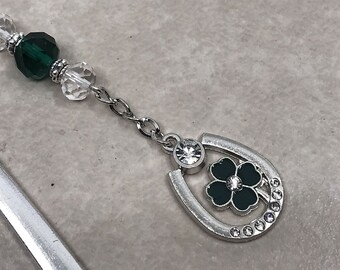 Lucky Shamrock Horseshoe Bookmark,  4 Leaf CLover Beaded Shepherd Hook Bookmark, Good Luck Bookmarker, Book Hook Bookmark