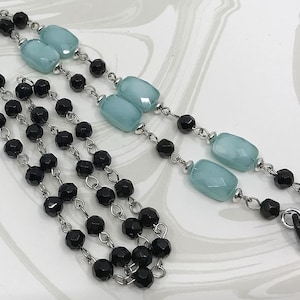 Light Turquoise Blue and Black Eyeglass Silver Chain, Beaded  Reading Glasses Holder,Sunglasses Holder, Glasses Chain