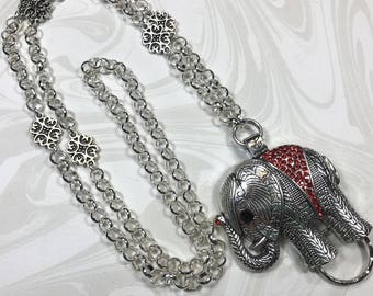 Sparkly Red Crystal Elephant Lanyard, Silver Chain Lanyard,  Elephant ID Holder, Badge ID Holder, Badge Chain,  - Breakaway Optional