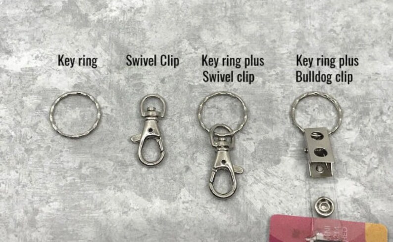 May include: Four different types of keychains: a simple key ring, a swivel clip, a key ring with a swivel clip, and a key ring with a bulldog clip.