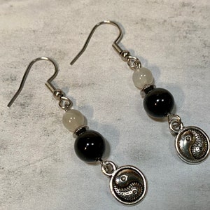 Yin Yang Boho Earrings, Black Onyx and Moonstone Dangle Earrings, Dainty Dangle Earrings, Minimalist Earrings