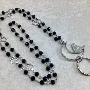 Midnight Cat Lanyard, Moon Stars Lanyard, ID Badge Holder, Beaded Badge Holder, Beaded Lanyard, Lanyard ID Holder, Breakaway Option image 1