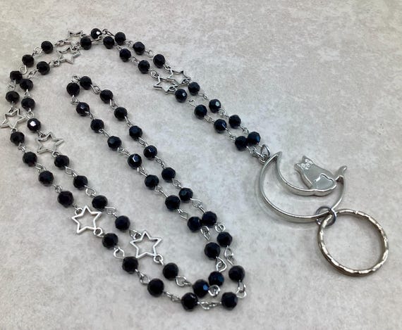 Midnight  Cat Lanyard, Moon Stars Lanyard, ID Badge Holder, Beaded Badge Holder, Beaded Lanyard, Lanyard ID Holder,  Breakaway Option