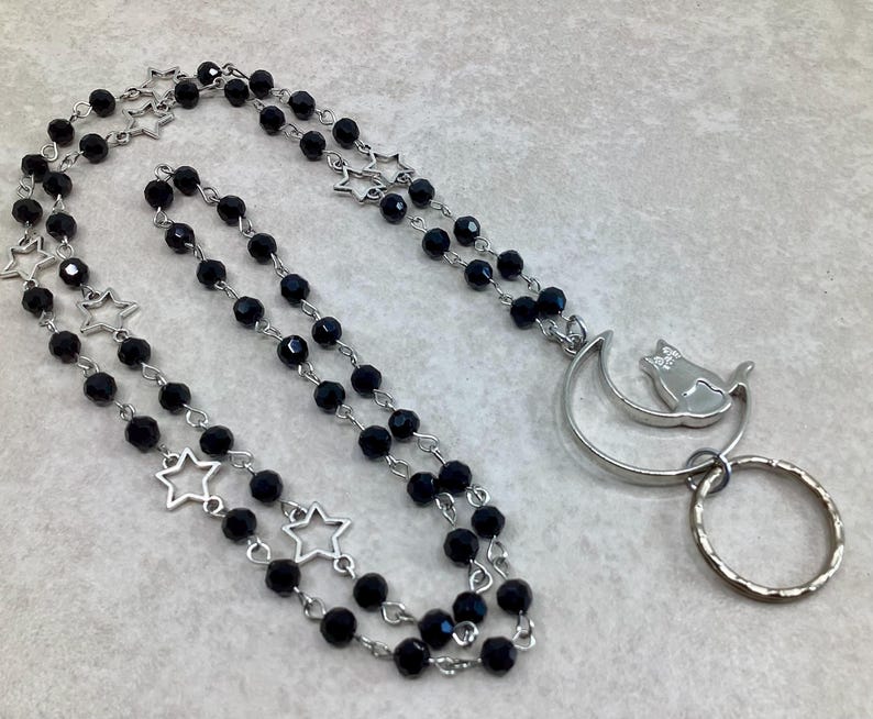 Midnight Cat Lanyard, Moon Stars Lanyard, ID Badge Holder, Beaded Badge Holder, Beaded Lanyard, Lanyard ID Holder, Breakaway Option image 1