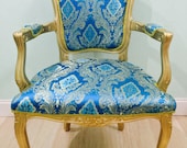 Accent chair Indian Silk Blue and Gold Damask Fabric Gold Carved Frame Hollywood regency Victorian style french chair amelierococo custom