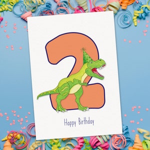 2nd Birthday Card Dinosaur, Second Birthday Card, Dino Card