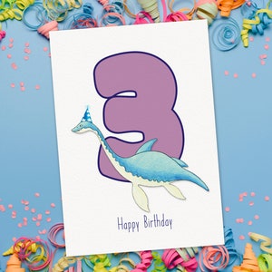 Carte 3ème anniversaire Dinosaure, Carte Plesiosaurus Troisième Anniversaire, Carte d’anniversaire Dino
