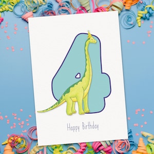 4° Birthday Card Dinosauro, Quarto compleanno Card, Dino Card, Brachiosaurus Card