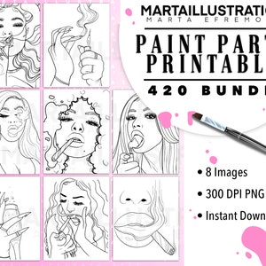 Könnte beinhalten: Ein Satz von acht Schwarzweiß-Zeichnungen zum Ausmalen. Die Bilder zeigen eine Frau, die eine Zigarette raucht. Die Bilder sind mit "Paint Party Printable 420 Bundle" beschriftet.
