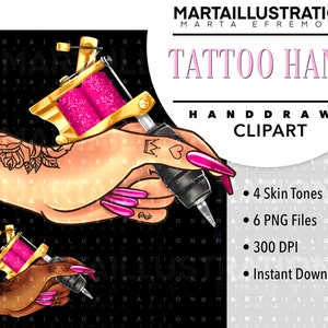 May include: A hand holding a tattoo machine with a pink and gold design. The hand is tattooed with a rose and other designs. The image is part of a digital clipart set that includes 4 skin tones and 6 PNG files.