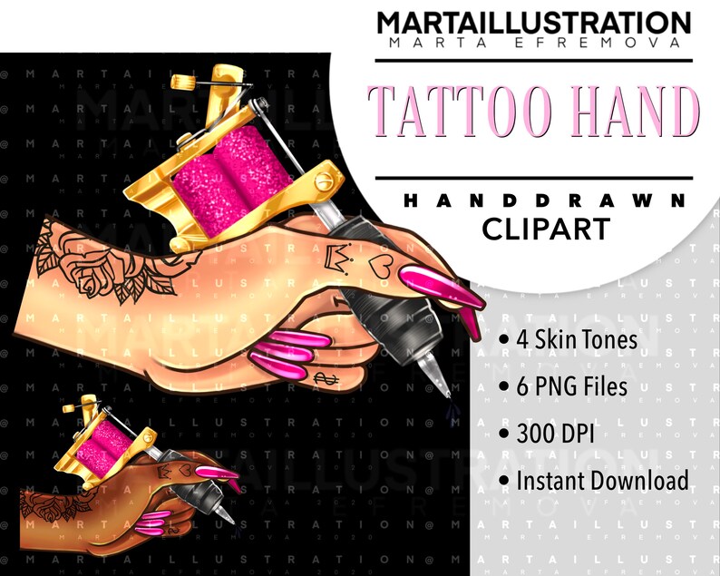 May include: A hand holding a tattoo machine with a pink and gold design. The hand is tattooed with a rose and other designs. The image is part of a digital clipart set that includes 4 skin tones and 6 PNG files.