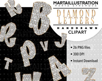 May include: A digital clipart set featuring diamond-studded letters in various fonts. The letters are set against a black and white background. The image also includes the text "DIAMOND LETTERS HAND DRAWN CLIPART".