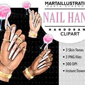 Puede incluir: Tres ilustraciones de manos con uñas largas y blancas sosteniendo piruletas rosas. Las manos son marrones y tienen pulseras doradas. El fondo es negro con un patrón blanco.