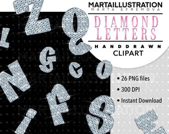 May include: A set of 26 diamond-encrusted letters in a handwritten style. The letters are silver and sparkle against a black background. The text "DIAMOND LETTERS" and "HAND DRAWN CLIPART" is displayed in pink. The image includes the details: 26 PNG files, 300 DPI, and Instant Download.