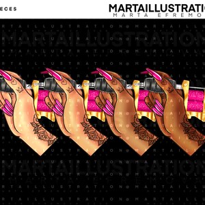 May include: Four digital illustrations of a hand holding a tattoo machine. The hand is brown with pink nails and a gold ring. The tattoo machine is gold and pink with a glitter finish. The background is black with the text "MARTAILLUSTRATION MARTA EFREMOVA" repeated.