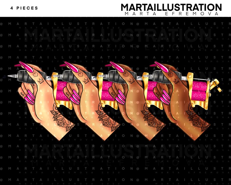 May include: Four digital illustrations of a hand holding a tattoo machine. The hand is brown with pink nails and a gold ring. The tattoo machine is gold and pink with a glitter finish. The background is black with the text "MARTAILLUSTRATION MARTA EFREMOVA" repeated.