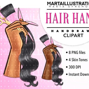 Puede incluir: Una mano sosteniendo una sección de cabello negro ondulado, un par de tijeras doradas y un cepillo de pelo rosa. La mano es marrón y tiene uñas largas de color rosa. El fondo es rosa con un patrón blanco.