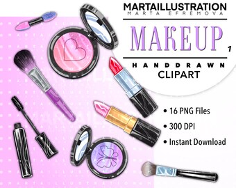 May include: A set of makeup items including a pink blush compact, a red lipstick, a gold lipstick, a black mascara, a purple makeup brush, and a black and silver makeup brush. The items are arranged on a pink background with the text "MAKEUP" in large white letters.