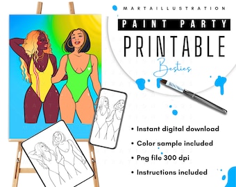 LIENZO IMPRIMIBLE Amigos, lienzo prediseñado, lienzo prediseñado, lienzo delineado, sorber y pintar, kit de pintura, pintura sobre lienzo, fiesta de pintura DIY