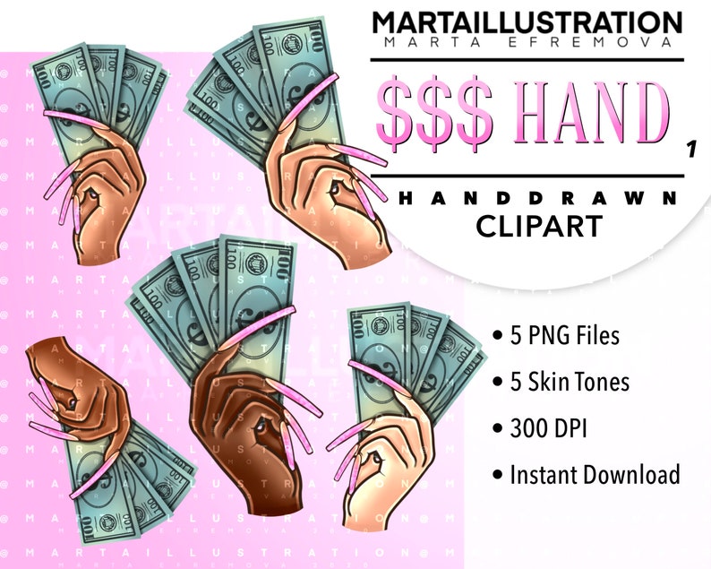 May include: Four illustrations of hands holding stacks of US dollar bills. The hands are in different skin tones. The bills are all $100 bills. The background is pink with the text "$$$ HAND" in pink.